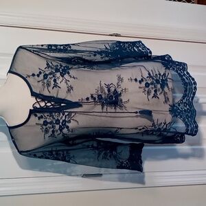 Vintage America Blues Sheer Long Sleeve Lace Tunic With Tassel Ties Size S Navy